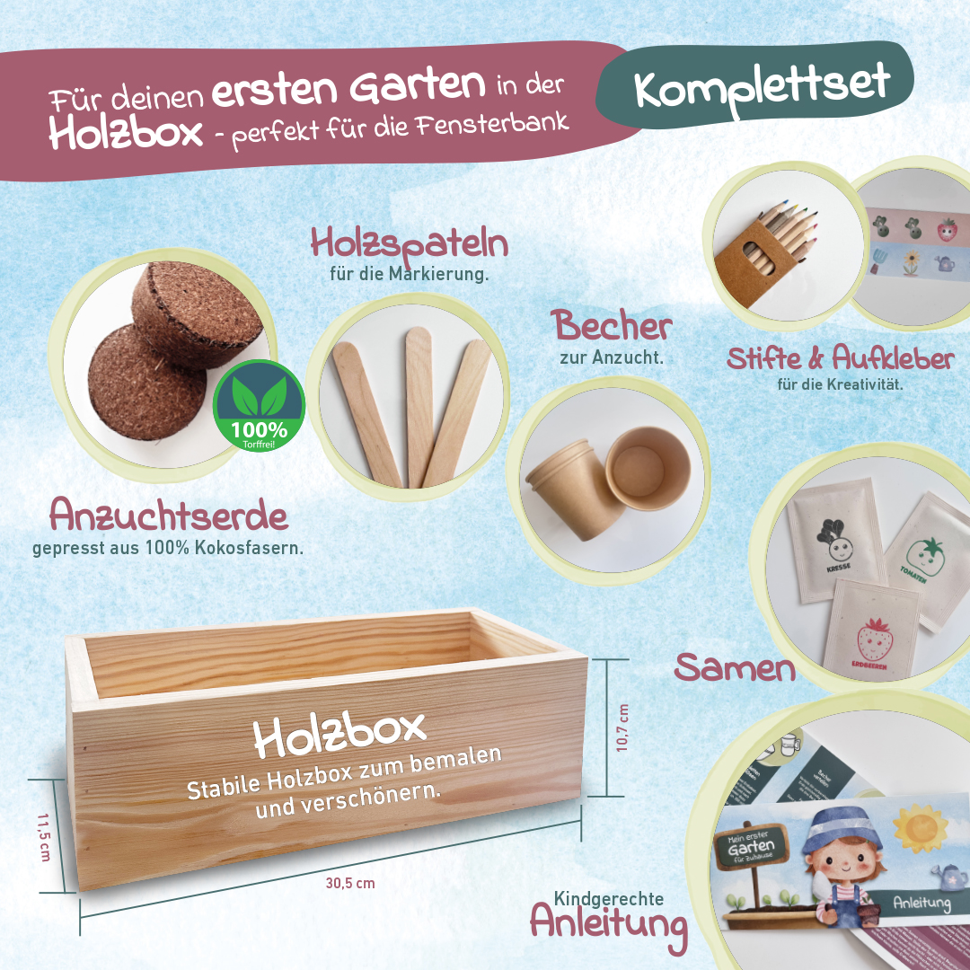 Kinder Anzuchtset für Zuhause – Holzbox zum Bemalen, Microgreens Starter Set – Experimentierkasten & Pflanzset für Kinder, Geschenk für Mädchen & Jungen 