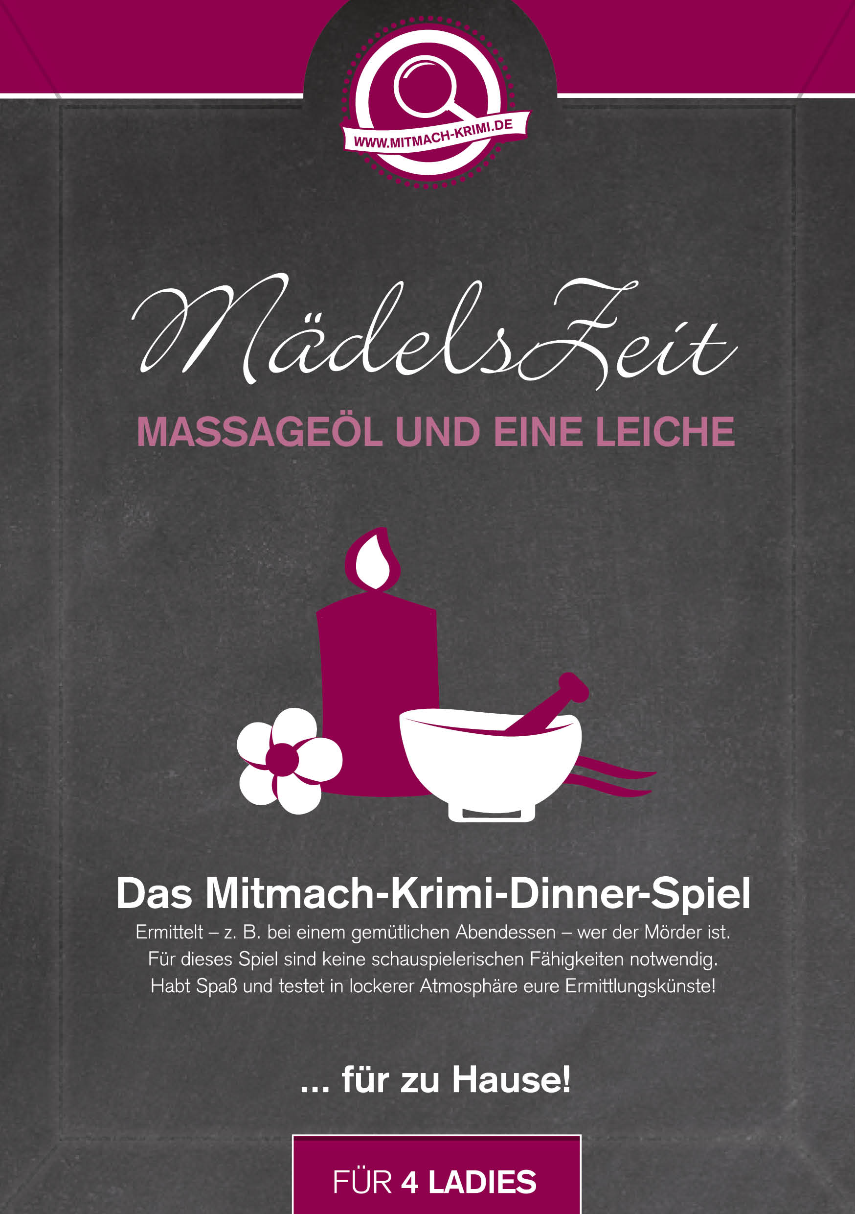 Krimi-Dinner Spiel für zu Hause. MädelsZeit Massageöl und eine Leiche